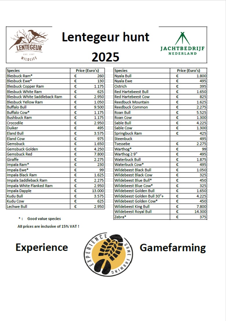 Prijslijst 2025 jacht